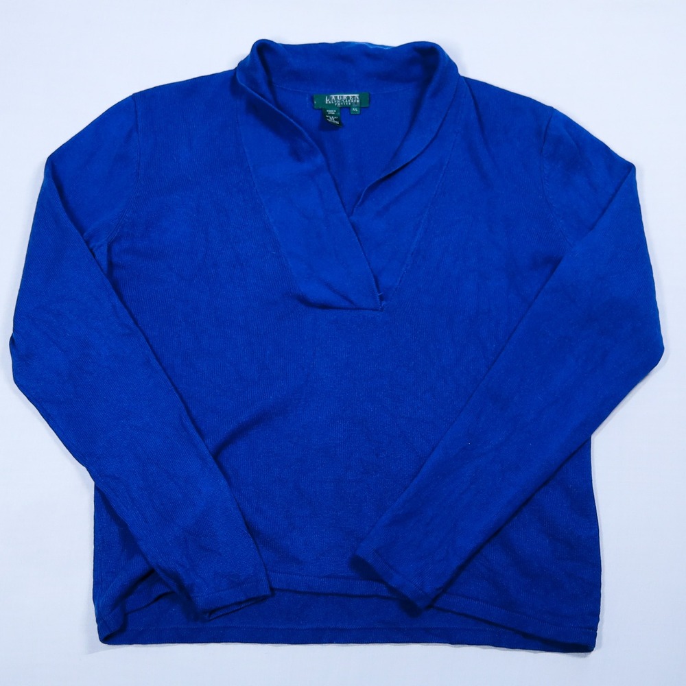 Lauren Ralph Lauren Sweater Womens P/L Royal Blue Silk Cashmere Shawl Collar Top